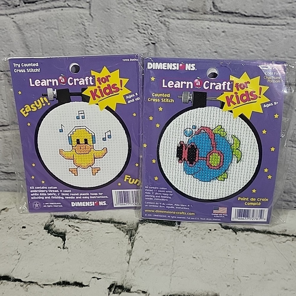 Vintage Dimensions Learn A Craft Kids Cross Stitch Kits Lot Of 2 Ducky Cool Fins
